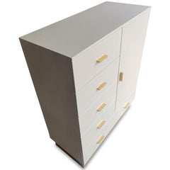 Buffet haut moderne 5 tiroirs et 1 porte Nestor Taupe clair et Or