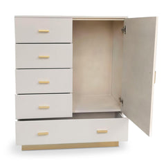 Buffet haut moderne 5 tiroirs et 1 porte Nestor Taupe clair et Or
