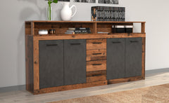 Buffet Bamat style industriel en bois foncé et gris avec 4 portes et 4 tiroirs 190 cm