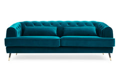 Canapé 3 places Banola style boudoir velours bleu canard capitonné