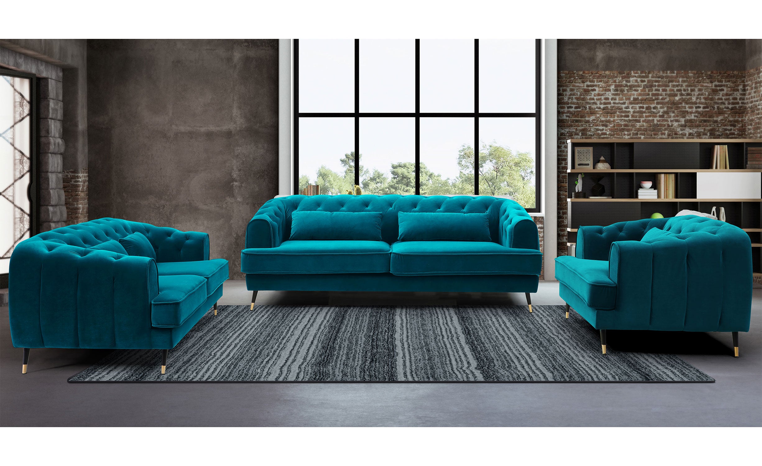 Canapé capitonné 3 places style boudoir Glams Velours Bleu canard