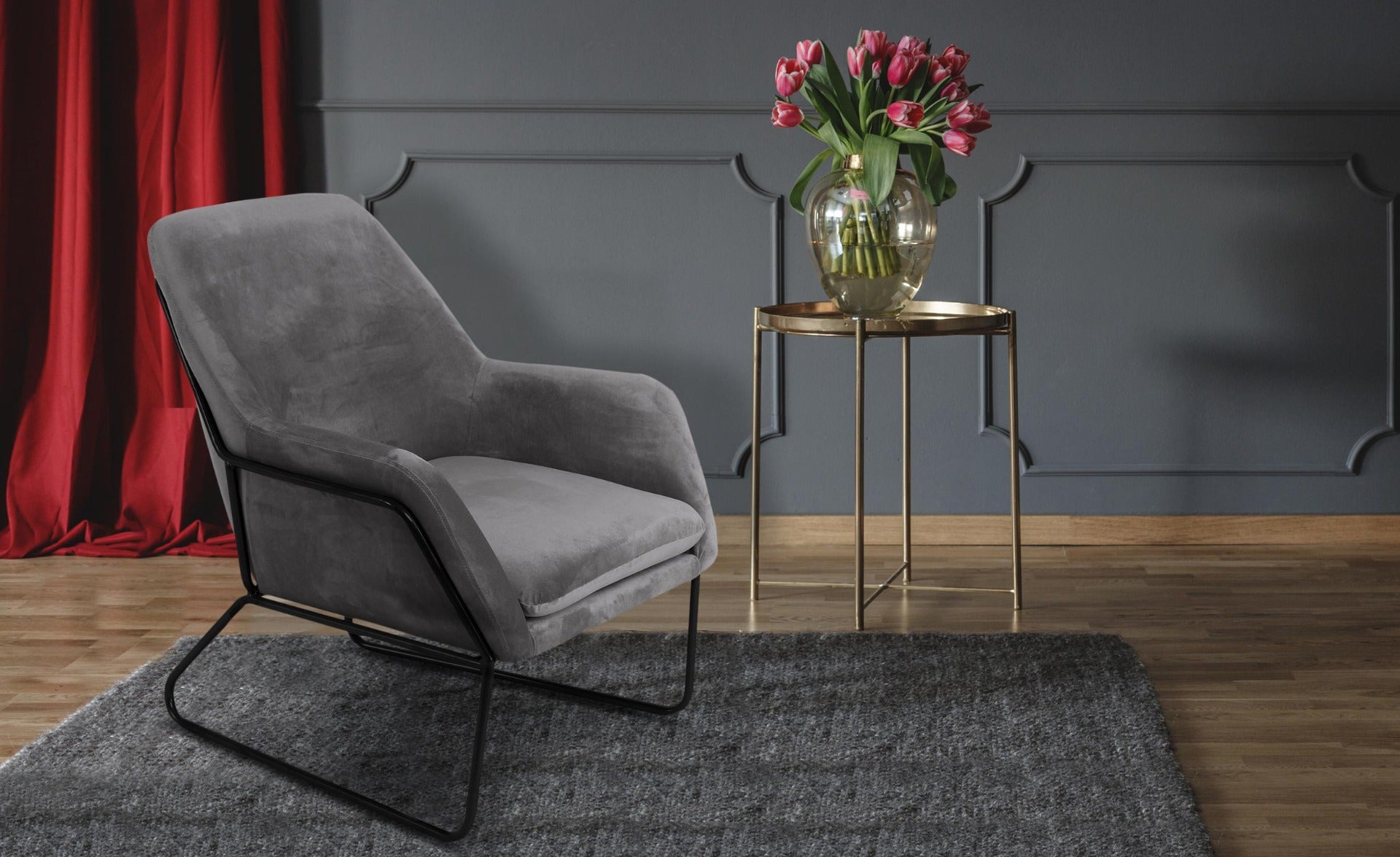 Fauteuil Claudio Velours Gris pieds Métal Noir