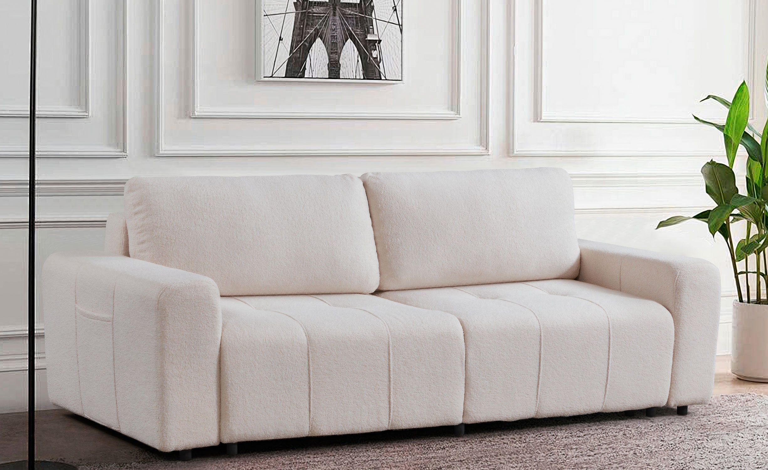 Canapé convertible 3 places Cloudy Tissu bouclette Crème