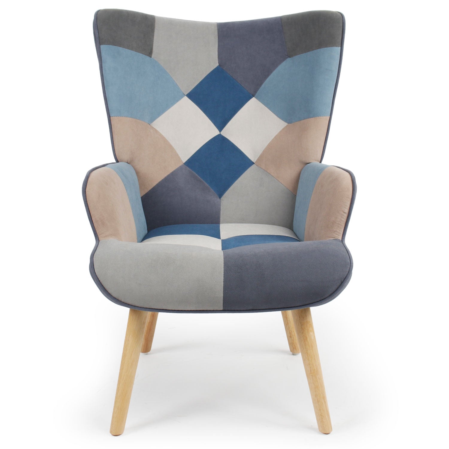 Fauteuil scandinave Lyliane effet patchwork Velours Gris et bleu