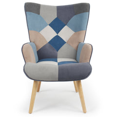 Fauteuil scandinave Lyliane effet patchwork Velours Gris et bleu