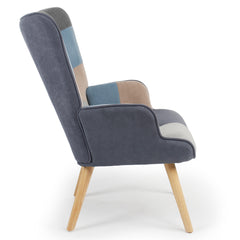 Fauteuil scandinave Lyliane effet patchwork Velours Gris et bleu