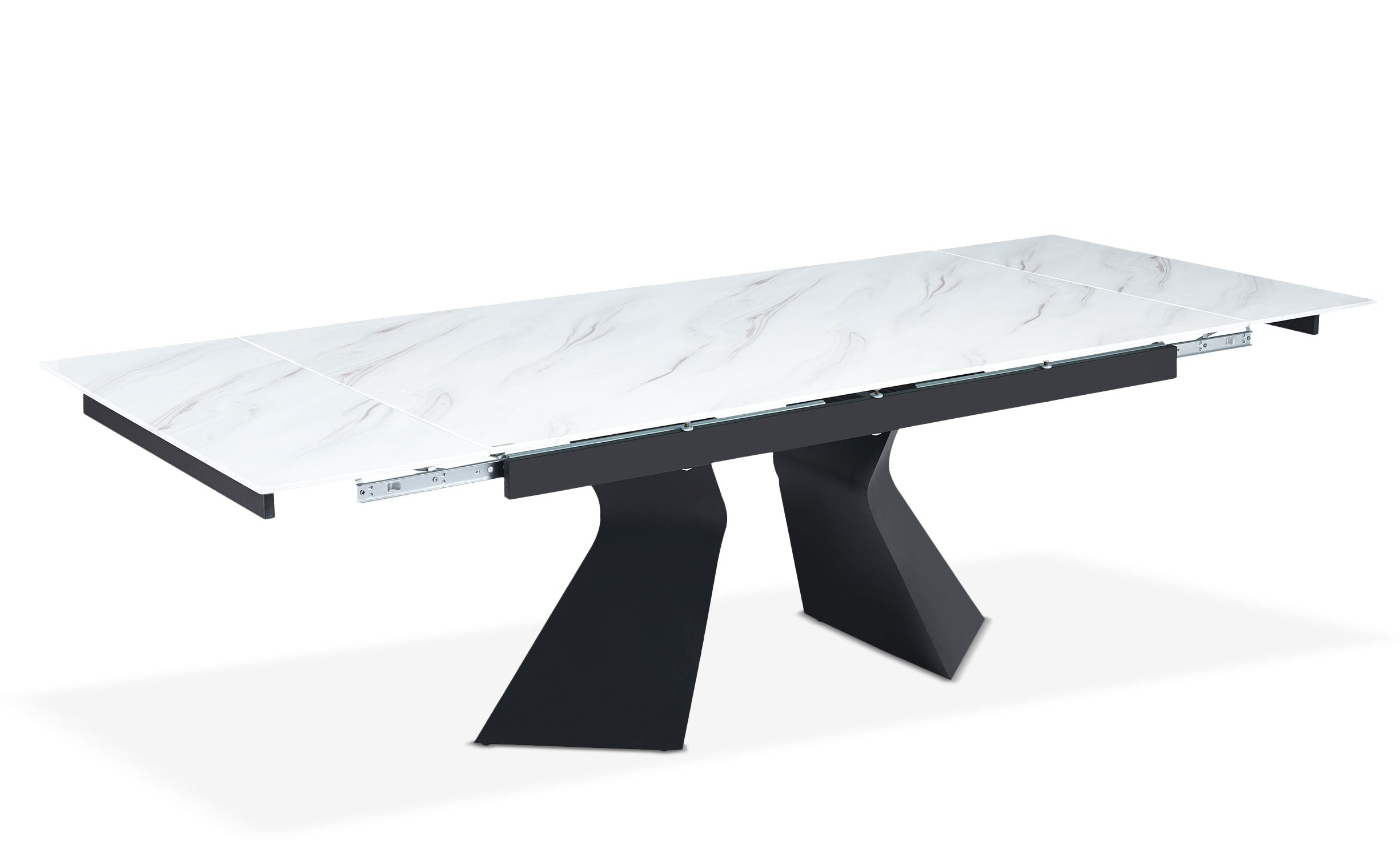 Table à manger extensible Icaria en Verre effet marbre blanc et pieds Métal Noir