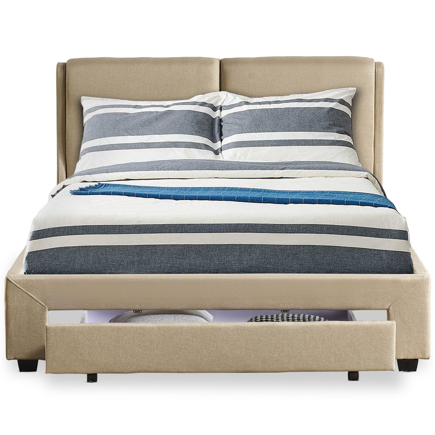 Lit double Frowell avec tiroir de rangement intégré et sommier 140x190cm Tissu Beige