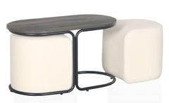 Table basse Camis avec 2 poufs en bois foncé et tissu bouclette crème