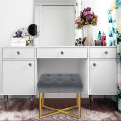 Tabouret pouf rectangulaire en velours argent avec pied doré
