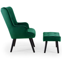 Fauteuil en velours Amani avec pouf vert scandinave