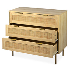 Commode Calys à 3 tiroirs en bois clair et rotin