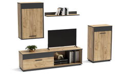 Meuble TV L140cm avec 2 armoires et étagère Sanika Chêne clair et Gris