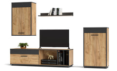 Meuble TV L140cm avec 2 armoires et étagère Sanika Chêne clair et Gris