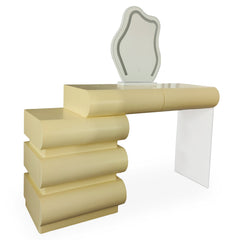 Coiffeuse Cluedo avec miroir et 5 tiroirs arrondis L102cm beige