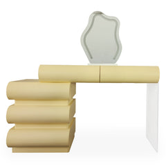 Coiffeuse Cluedo avec miroir et 5 tiroirs arrondis L102cm beige