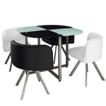 Table carrée en verre avec 4 chaises blanches et noires