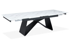 Table à manger extensible Mogarie en Verre effet marbre blanc et pieds Métal Noir