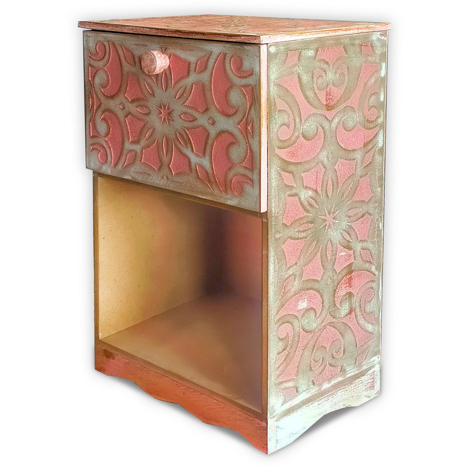 Table de chevet style oriental bois sculpté 1 porte Monbolyto Bois Rose