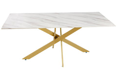 Table à manger en verre effet marbre Aslel avec pieds métalliques or