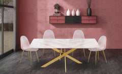 Table à manger en verre effet marbre Aslel avec pieds métalliques or