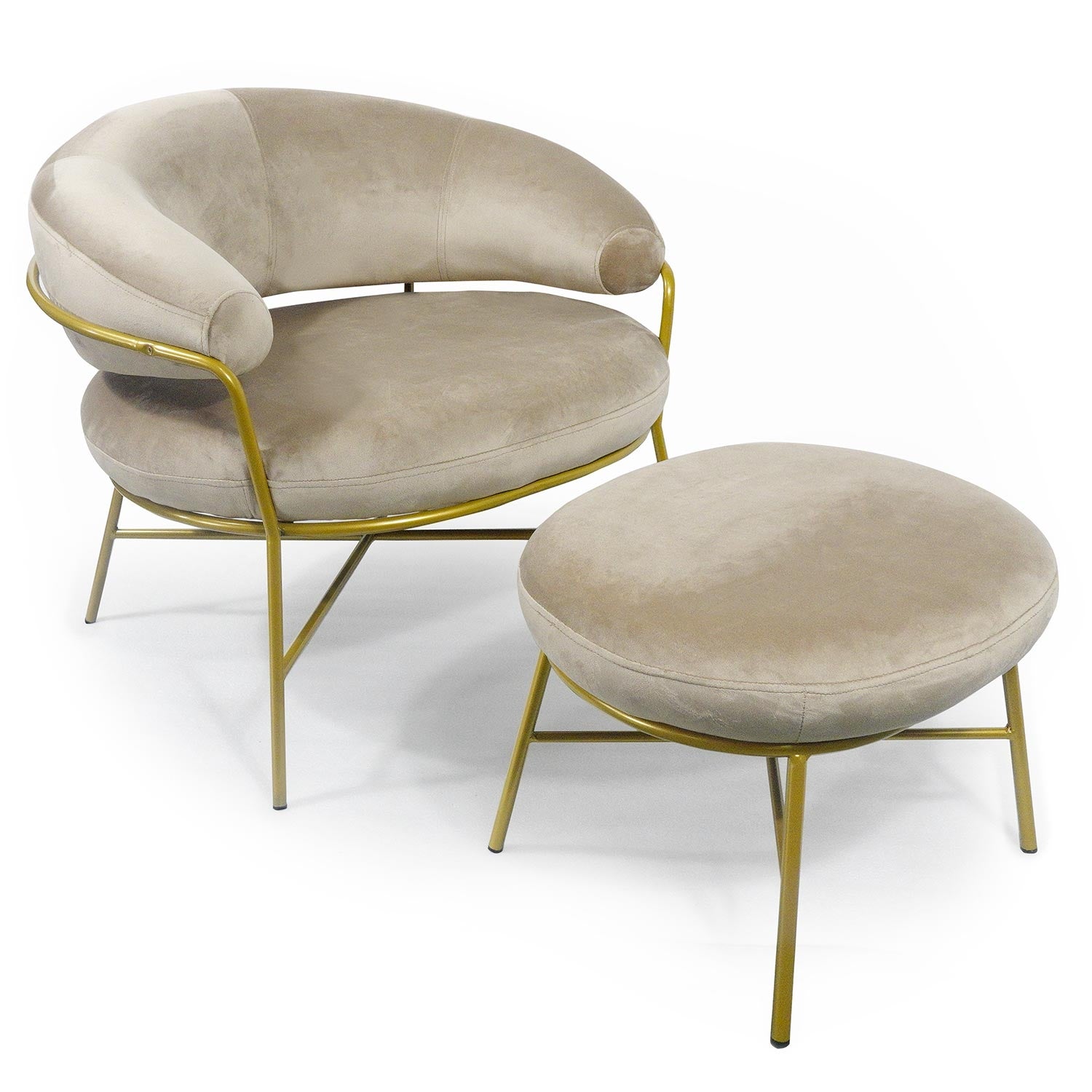 Fauteuil + pouf Nanty Velours Taupe Pieds Or