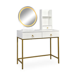 Coiffeuse avec miroir rond lumineux Cezaria 90 cm blanc et or
