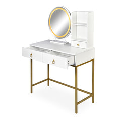 Coiffeuse avec miroir rond lumineux Cezaria 90 cm blanc et or