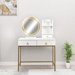 Coiffeuse avec miroir rond lumineux Cezaria 90 cm blanc et or