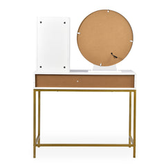 Coiffeuse avec miroir rond lumineux Cezaria 90 cm blanc et or