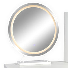 Coiffeuse avec miroir rond lumineux Cezaria 90 cm blanc et or