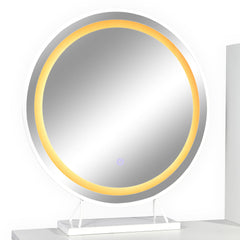 Coiffeuse avec miroir rond lumineux Cezaria 90 cm blanc et or