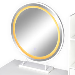 Coiffeuse avec miroir rond lumineux Cezaria 90 cm blanc et or