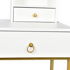 Coiffeuse avec miroir rond lumineux Cezaria 90 cm blanc et or