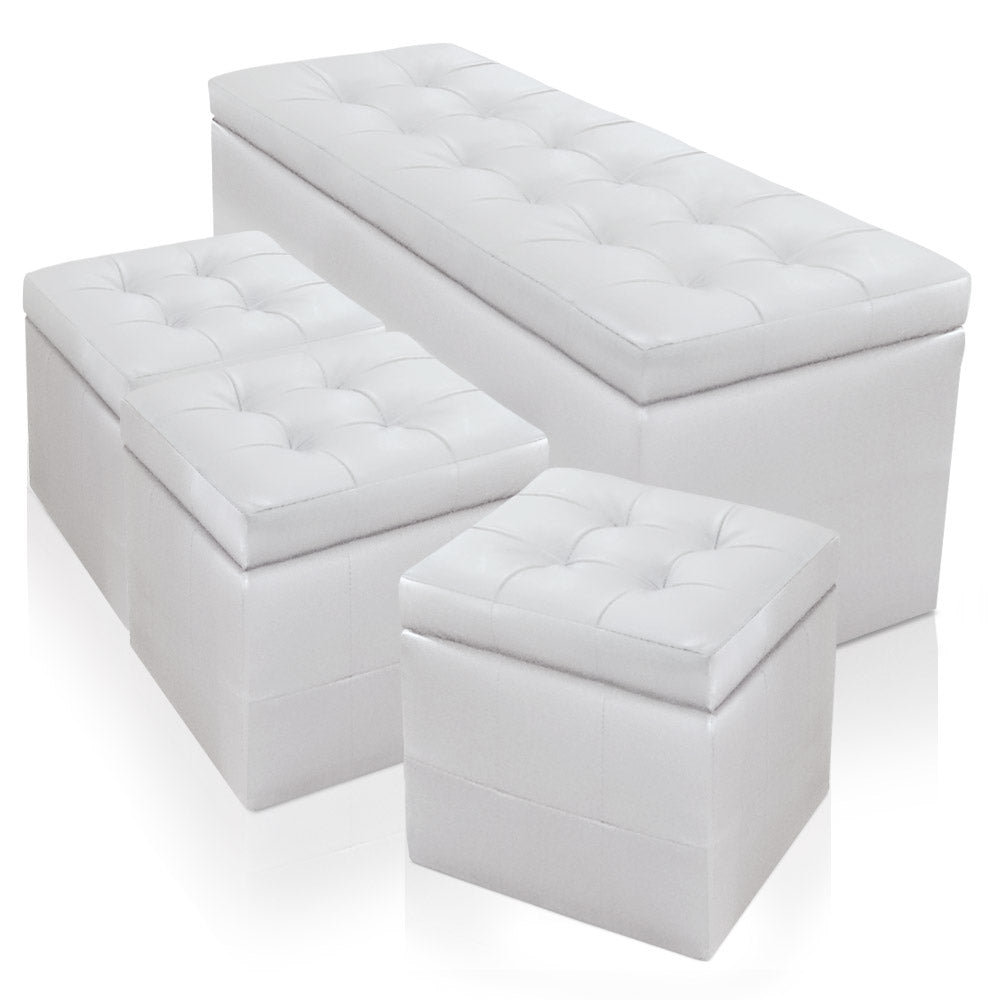 Banquette-Coffre Panky et ses 3 poufs blancs assortis