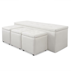 Banquette-Coffre Panky et ses 3 poufs blancs assortis