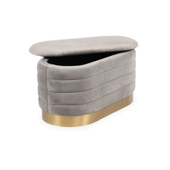 Banquette-coffre Ceryne matelassée avec base dorée en velours gris clair