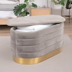 Banquette-coffre moderne matelassée avec base dorée Philae Velours Gris clair
