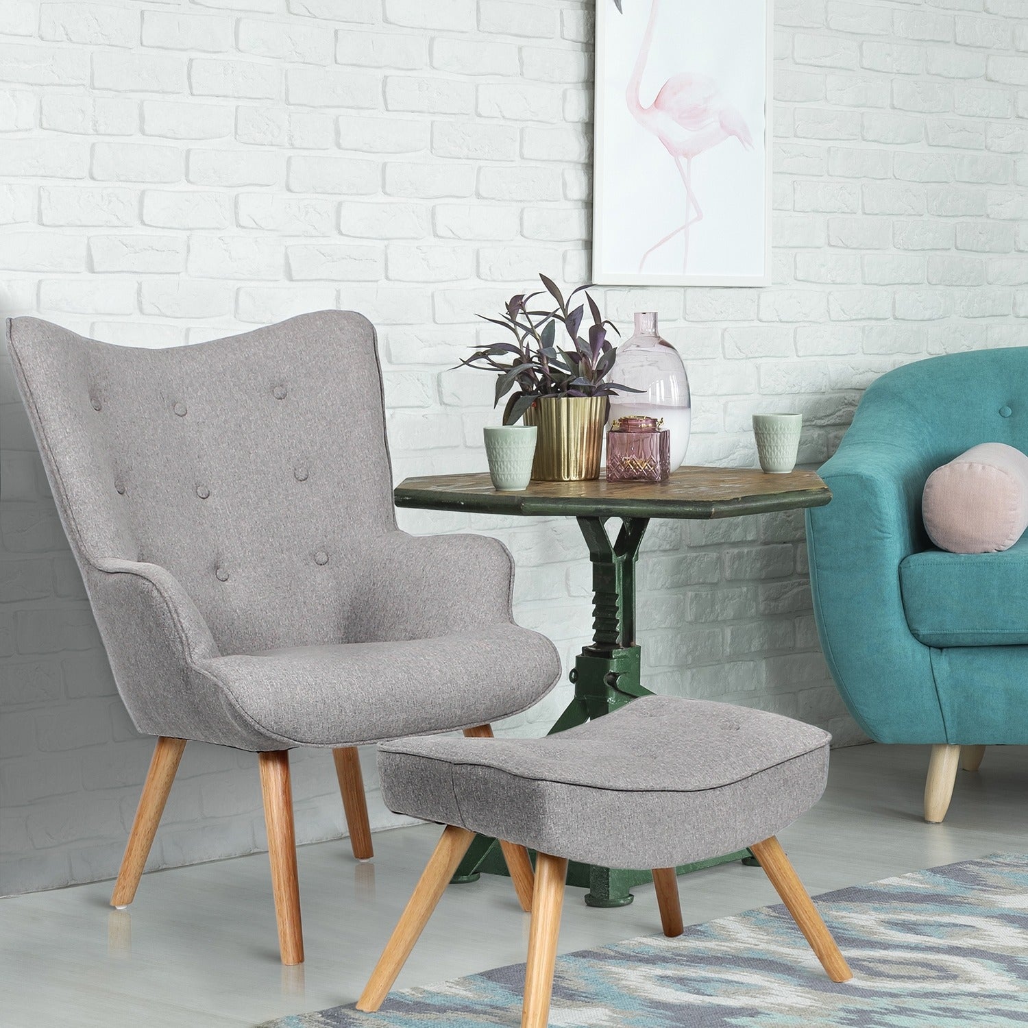 Fauteuil scandinave + pouf Lylou Tissu Gris clair
