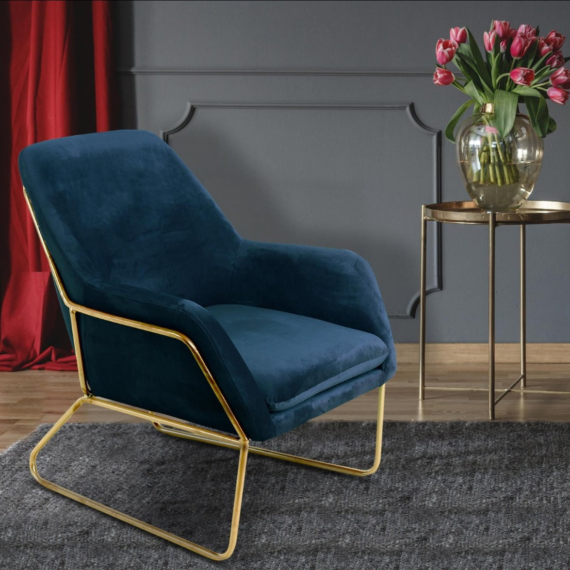Fauteuil Claudio Velours Bleu pieds Métal Or