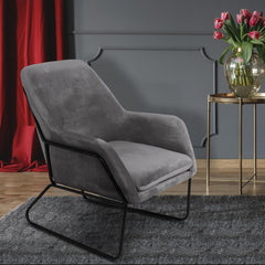 Fauteuil Claudio Velours Gris pieds Métal Noir