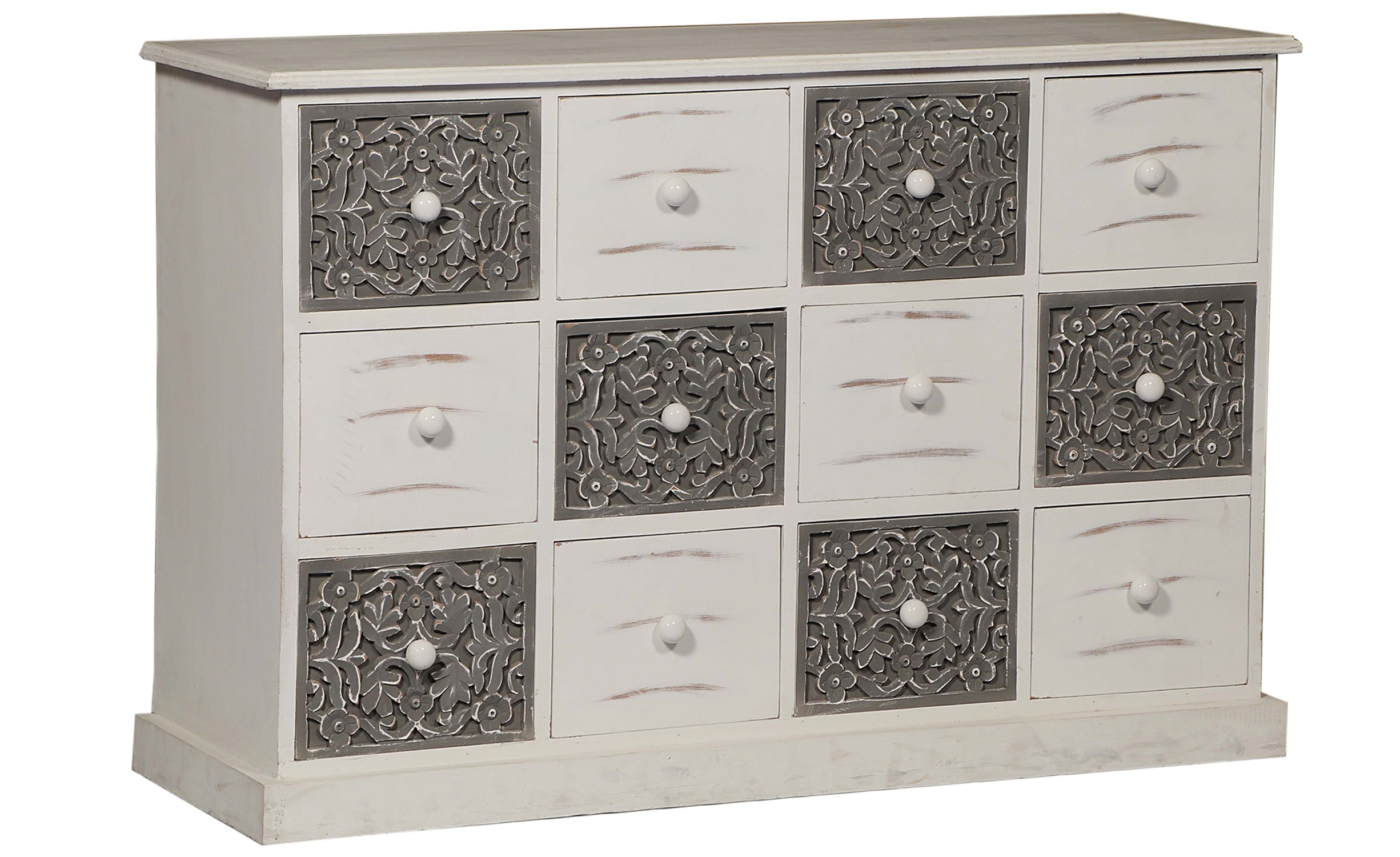 Commode 12 Tiroirs Changmay Bois Blanc et Gris