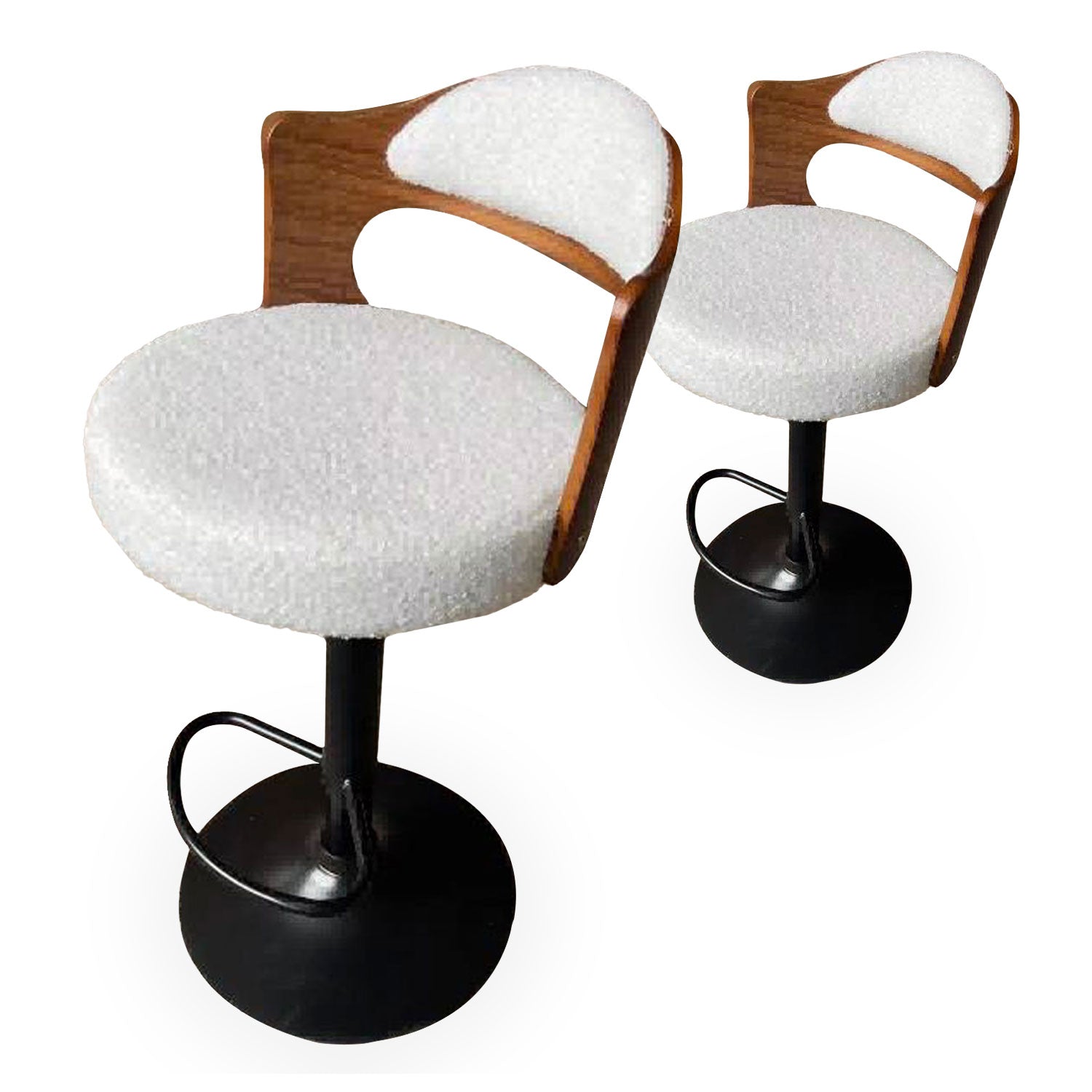 Lot de 2 chaises de bar Ruben Métal noir avec Bois noisette & Tissu bouclette Crème