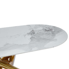Table ovale 90x180cm effet marbre blanc Circus et pieds croisés métal doré