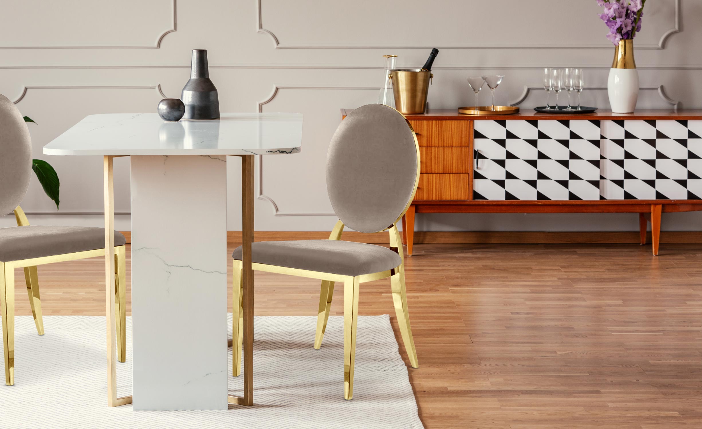 Lot de 8 chaises médaillon Sofia Pieds Or Velours Taupe