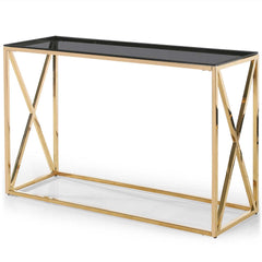 Console en verre fumé et pieds en or Amelini