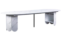 Table ronde extensible Cavelna style japandi 310cm effet marbre blanc avec rallonges intégrées