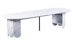 Table ronde extensible Cavelna style japandi 310cm effet marbre blanc avec rallonges intégrées