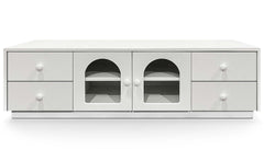 Meuble tv Caria 140cm avec portes vitrées et tiroirs blanc texturé