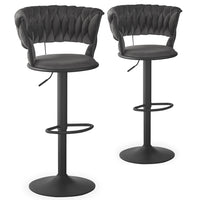 Lot de 2 chaises de bar pivotantes en velours gris et métal noir avec dossier courbé